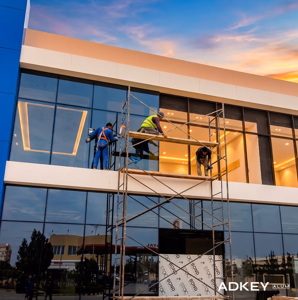 Montage d'un mur-rideau à trame aluminium sur un immeuble en construction à Tanger — Aluminium Tanger
